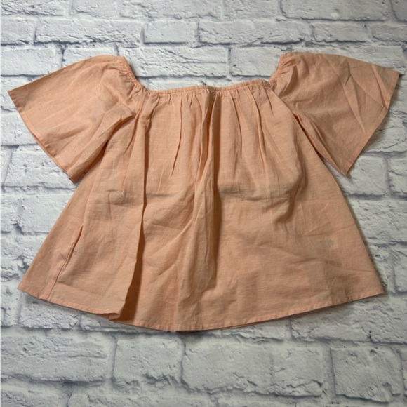 Express Light Coral Off-Shoulder Blouse. Linen Blend. - Picture 4 of 10